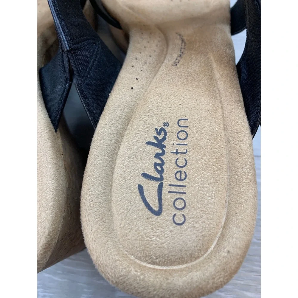 Clarks Black Leather Cork Platform Wedge Sandals Women's 8.5 Comfort Shoes